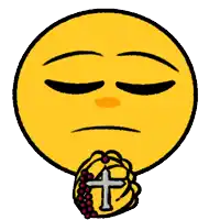 a yellow smiley face is praying and holding a rosary in its hand .