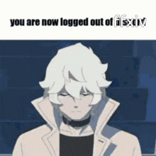 a cartoon of a man with white hair and the words " you are now logged out of ffxiv "