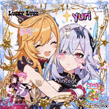 a picture of two anime girls with lucky luxe yuri written on the top
