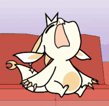 a cartoon drawing of a white animal sitting on a red couch with its mouth open