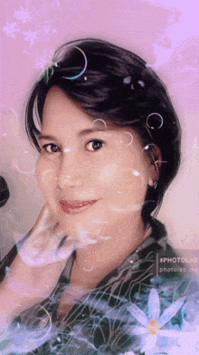a woman 's face is surrounded by bubbles and flowers in a painting