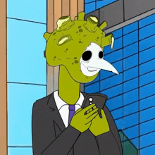 a cartoon character wearing a suit and tie is holding a cellphone