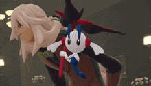 a cartoon character is holding a stuffed animal with a red and blue tail