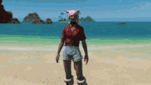 a woman with pink hair is standing on a beach in front of the ocean