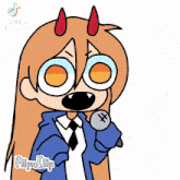 a cartoon girl with horns is singing into a microphone .