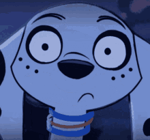a close up of a dalmatian dog 's face with a sad look on his face