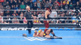 a wrestling match is going on in front of a crowd with a sign that says ap on it