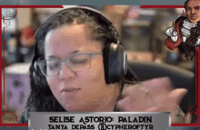 a woman wearing headphones has the name selise astoria on the bottom