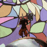 a cartoon character is standing in front of a colorful stained glass wall