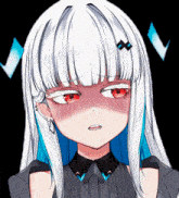 a close up of a girl with white hair and red eyes making an angry face