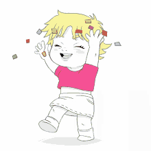a little girl in a pink shirt and white skirt is dancing