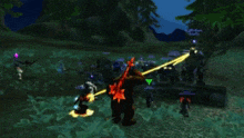 a group of people are playing a video game and one of them is holding a sword with a star on it