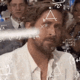 a man in a white suit is sitting in front of a chalkboard with mathematical equations written on it .