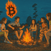 a group of people are sitting around a campfire with a glowing b on it