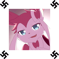 a picture of a pink bunny with a bow tie and a swastika in the corner