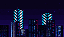 a pixel art of a city at night with a few buildings lit up