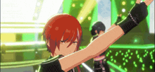 a video game character with red hair and black gloves is dancing