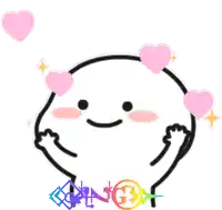 a cartoon character with a smile on his face and pink hearts around him .