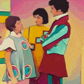 a cartoon of a man standing next to two women