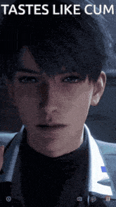 a close up of a man 's face with the words tastes like cum written above him