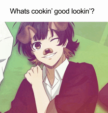 a picture of a boy with a dog mask on his face and the words whats cookin ' good lookin '