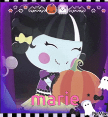 a picture of a girl with a pumpkin and the name marie on the bottom