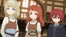 three anime characters are standing next to each other in a building