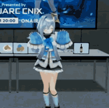 a girl is standing in front of a screen that says ' presented by jarc enix '