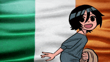 a cartoon of a girl standing in front of a green white and orange flag