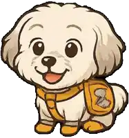 a cartoon illustration of a small white dog wearing a harness and a backpack .