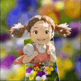 a painting of a little girl holding a book of flowers