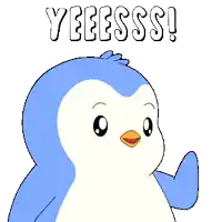 a blue and white penguin says yeeesss on the top