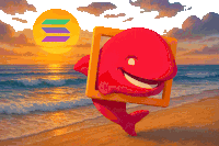 a red whale is holding a frame on a beach