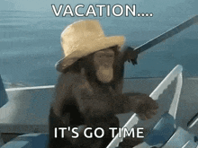 a chimpanzee wearing a straw hat is sitting on a boat with the words " vacation ... it 's go time "