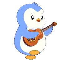 a blue and white penguin is playing a guitar on a white background