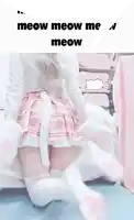 a girl in a pink skirt and white socks is kneeling on a bed with the words meow meow meow