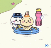 a cartoon of a cat and a rabbit blowing soap bubbles