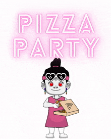 a cartoon girl holding a box of pizza with the words pizza party behind her