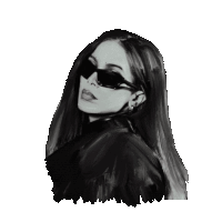 a black and white photo of a woman wearing sunglasses and the words grip written in green