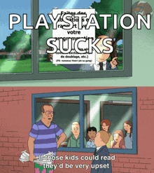 a cartoon of a group of people looking out a window with a sign that says playstation sucks