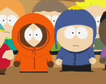a group of south park characters are standing next to each other in a cartoon .