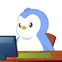 a cartoon penguin is sitting at a desk with a computer