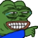 a pixel art of a green frog with big teeth and a blue shirt pointing at something .