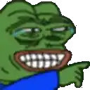 a pixel art of a green frog with big teeth and a blue shirt pointing at something .