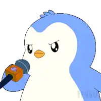 a cartoon penguin is holding a microphone with the word pengu on the bottom right