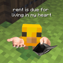 a picture of a minecraft character with the words rent is due for living in my heart above it