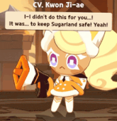 a cartoon character holding a gun with the name cv. kwon ji-ae on the bottom