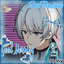 a picture of a girl with white hair and blue eyes says good morning ice princess