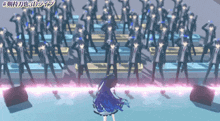 a girl with blue hair is standing in front of a large group of people
