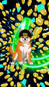 a dog wearing a hat with the word dea on it is surrounded by gold coins .